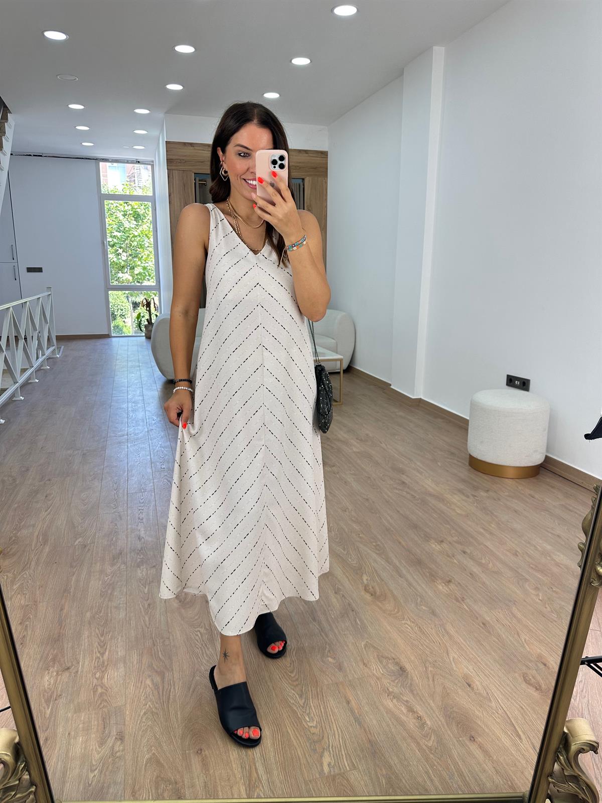 Puantiye Çizgili V Yaka Midi Elbise-Ekru