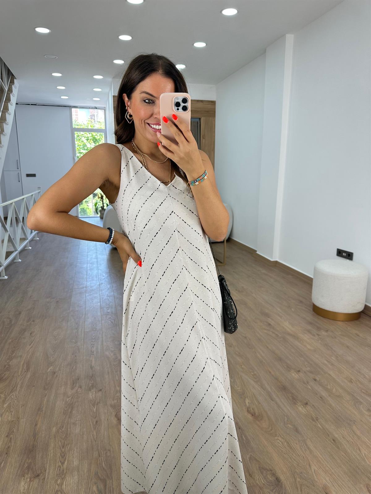 Puantiye Çizgili V Yaka Midi Elbise-Ekru