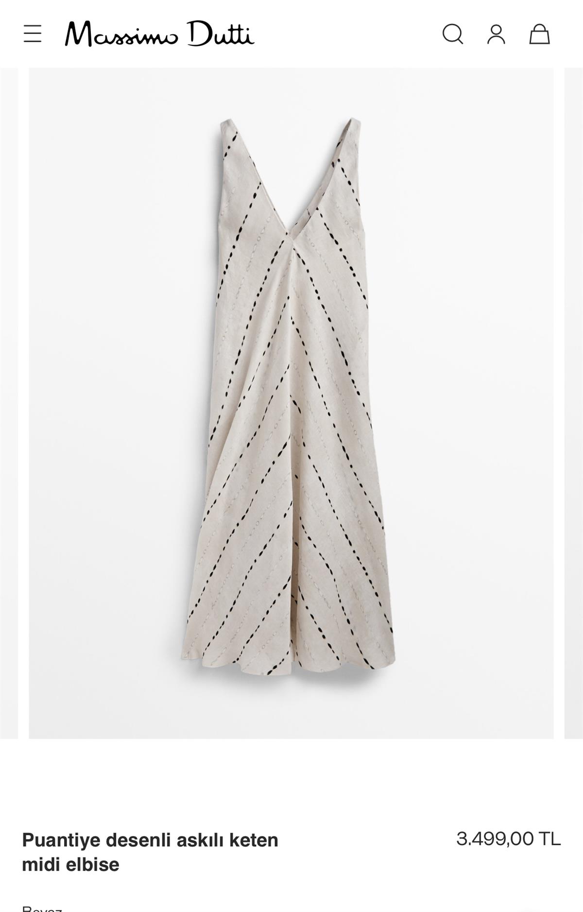 Puantiye Çizgili V Yaka Midi Elbise-Ekru