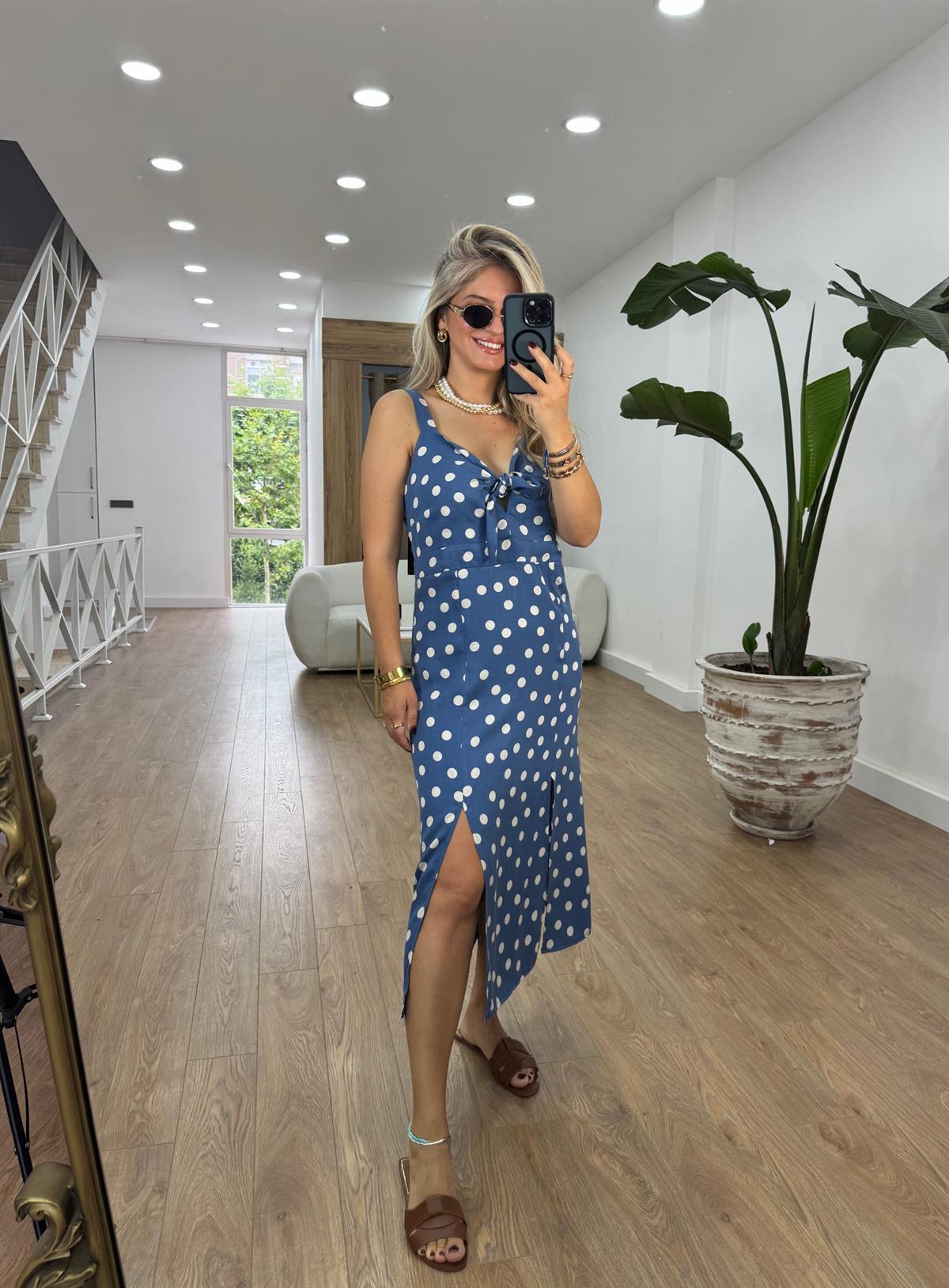 Puantiyeli Viskon Elbise-İndigo