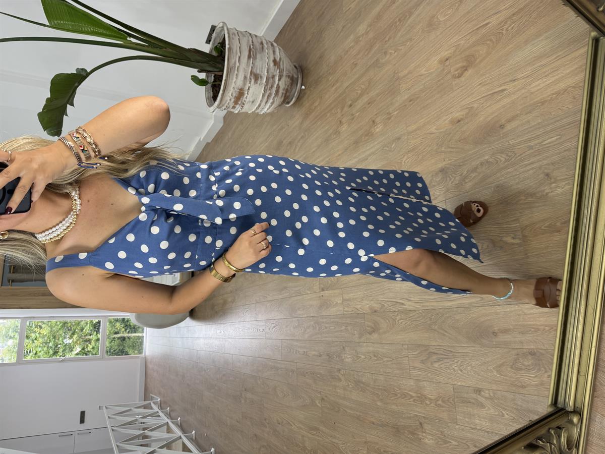 Puantiyeli Viskon Elbise-İndigo