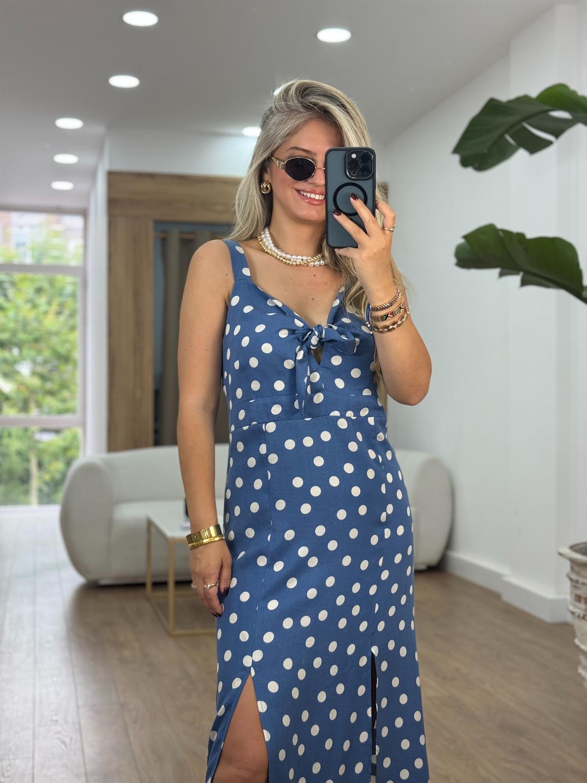 Puantiyeli Viskon Elbise-İndigo