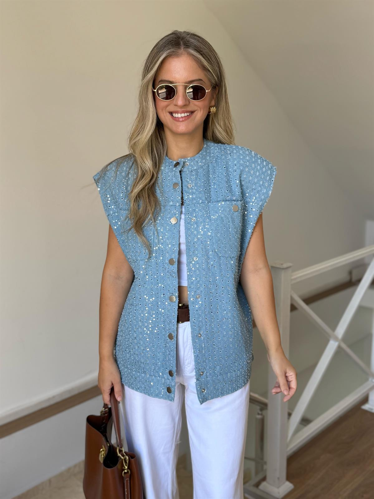 Pul İşlemeli Denim Yelek