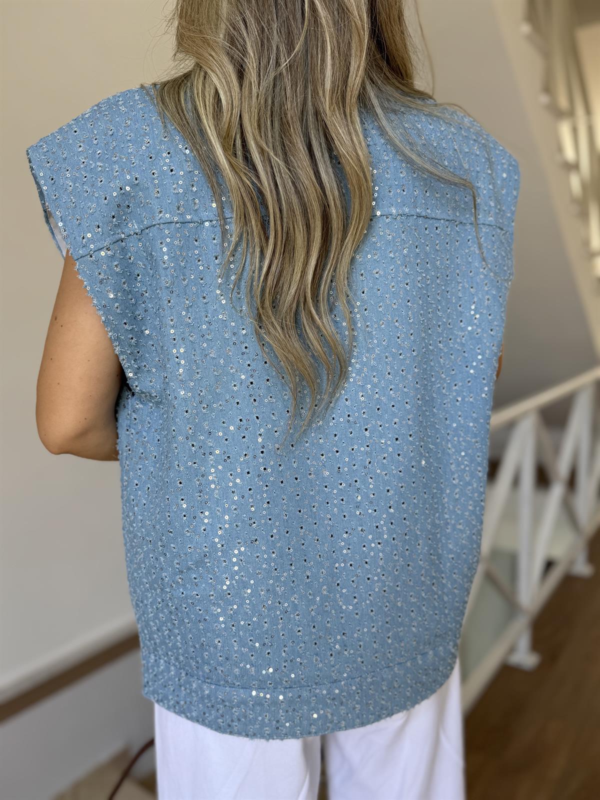 Pul İşlemeli Denim Yelek