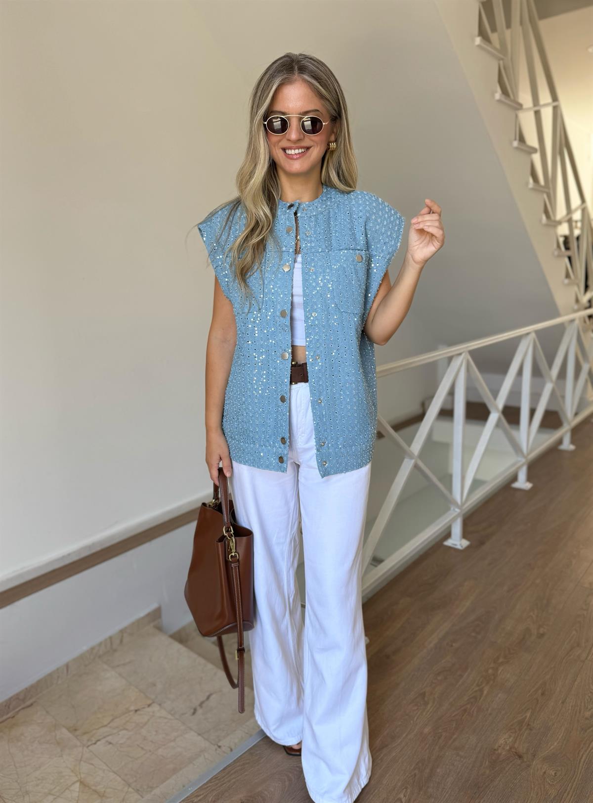 Pul İşlemeli Denim Yelek