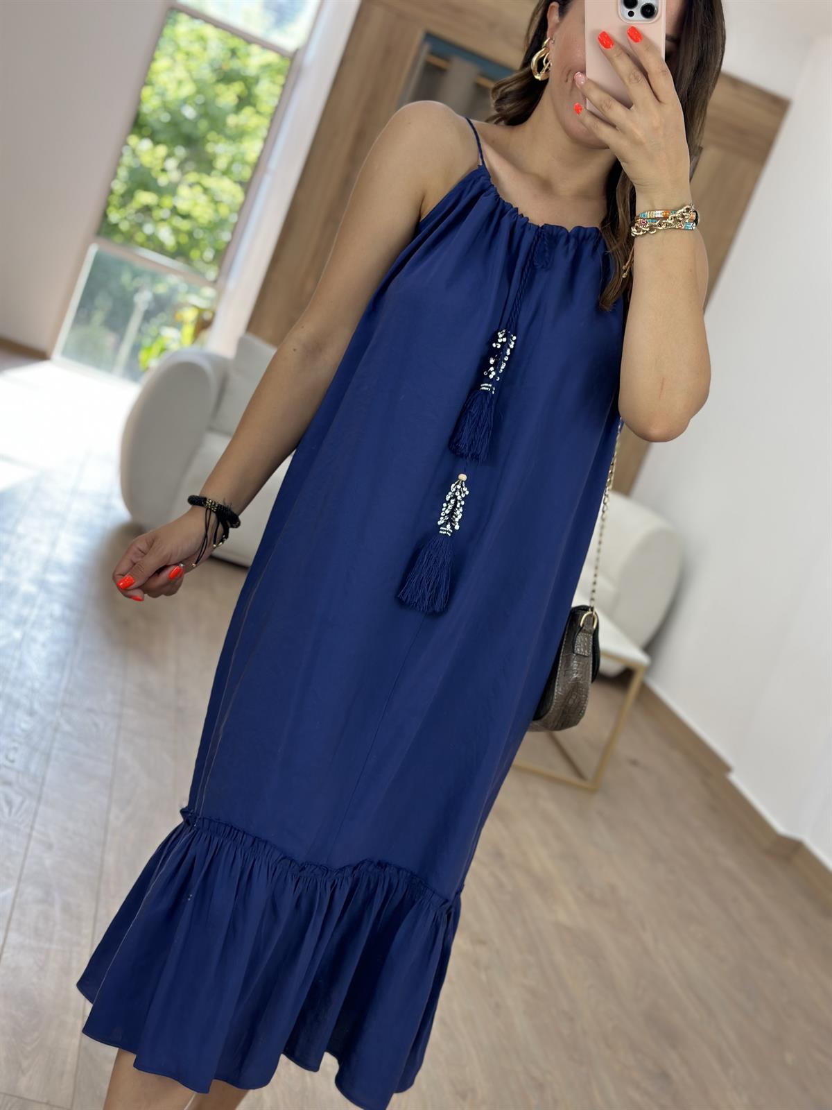 Püskül Aksesuarlı Tnsel Elbise-Lacivert