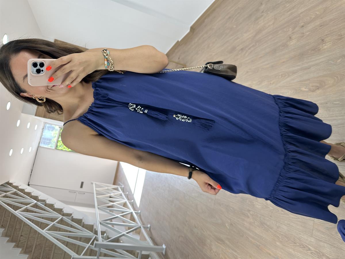 Püskül Aksesuarlı Tnsel Elbise-Lacivert