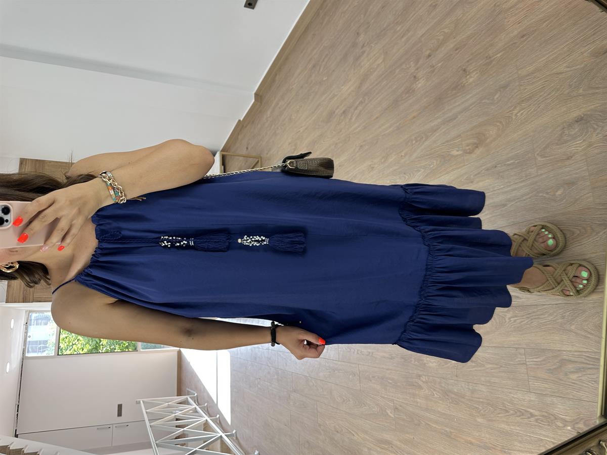 Püskül Aksesuarlı Tnsel Elbise-Lacivert