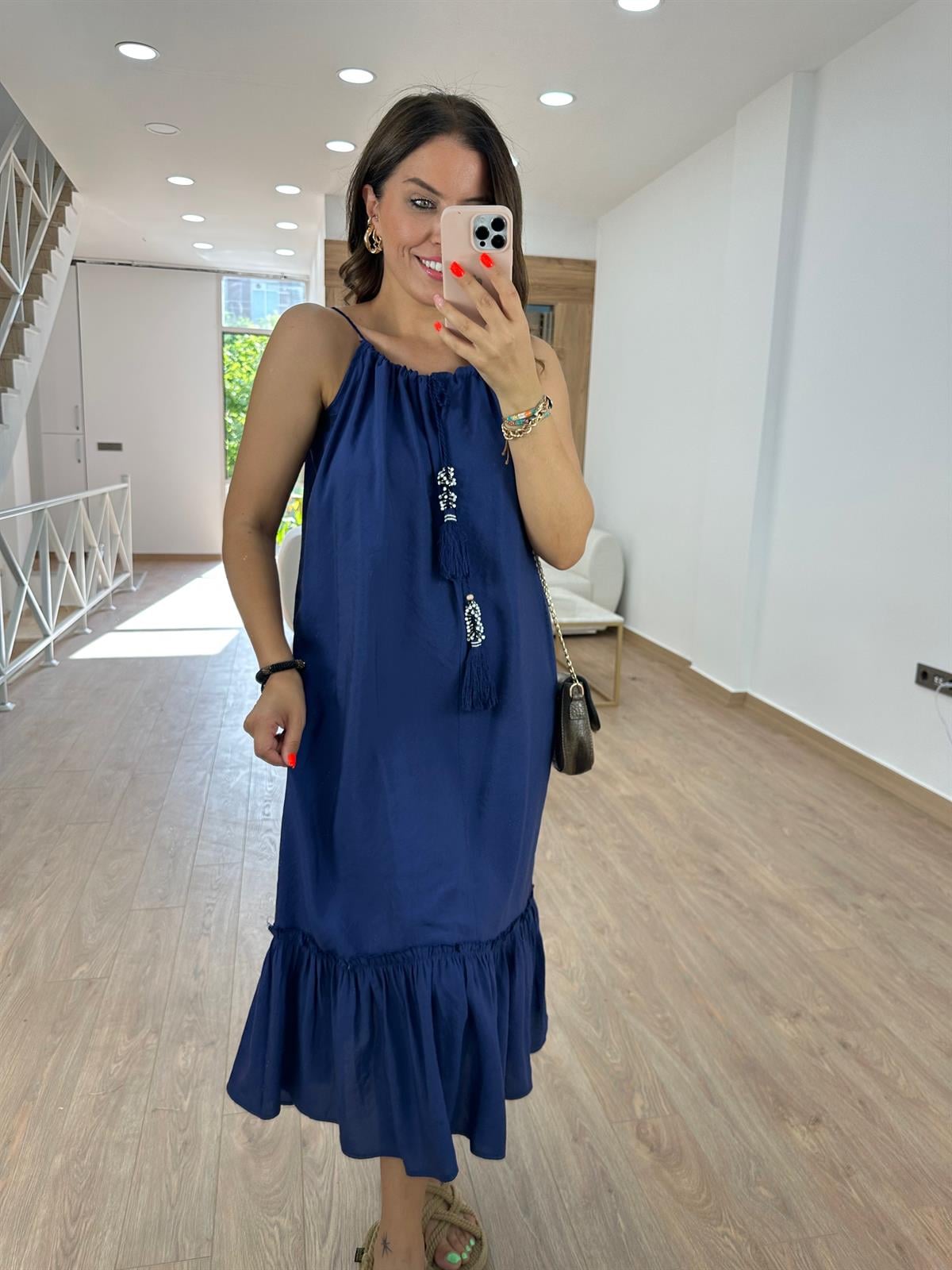 Püskül Aksesuarlı Tnsel Elbise-Lacivert