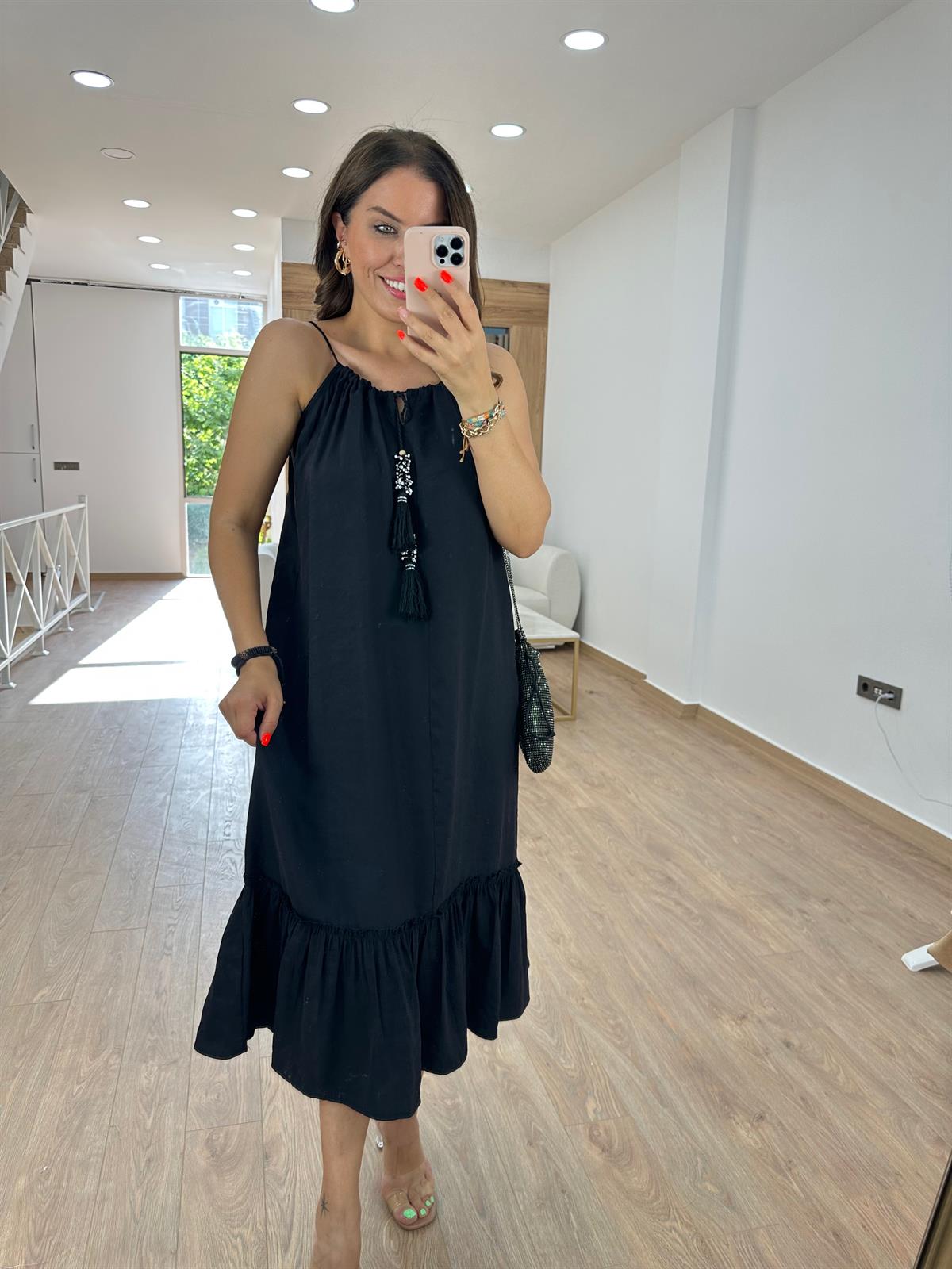 Püskül Aksesuarlı Tnsel Elbise-Siyah