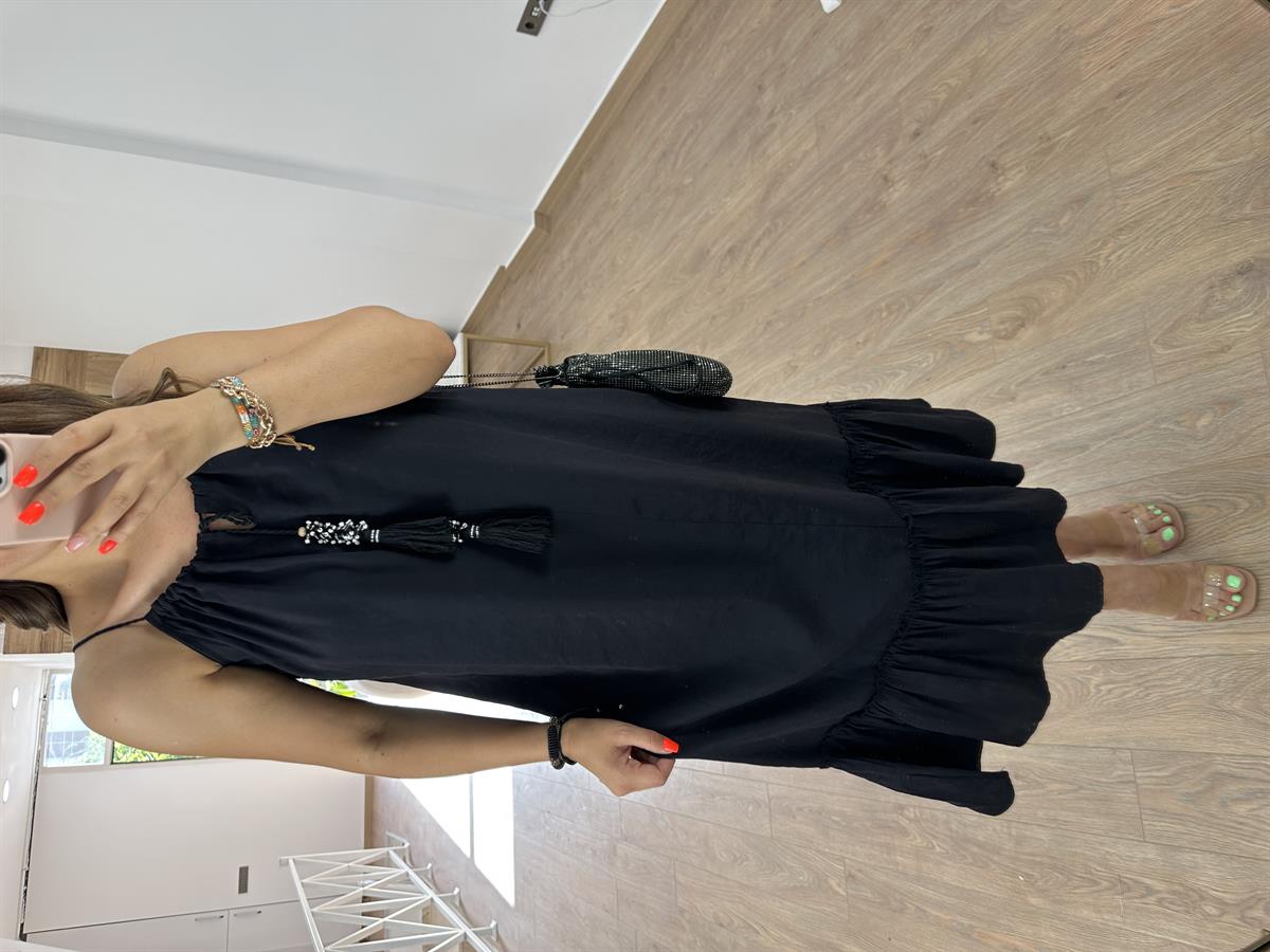 Püskül Aksesuarlı Tnsel Elbise-Siyah