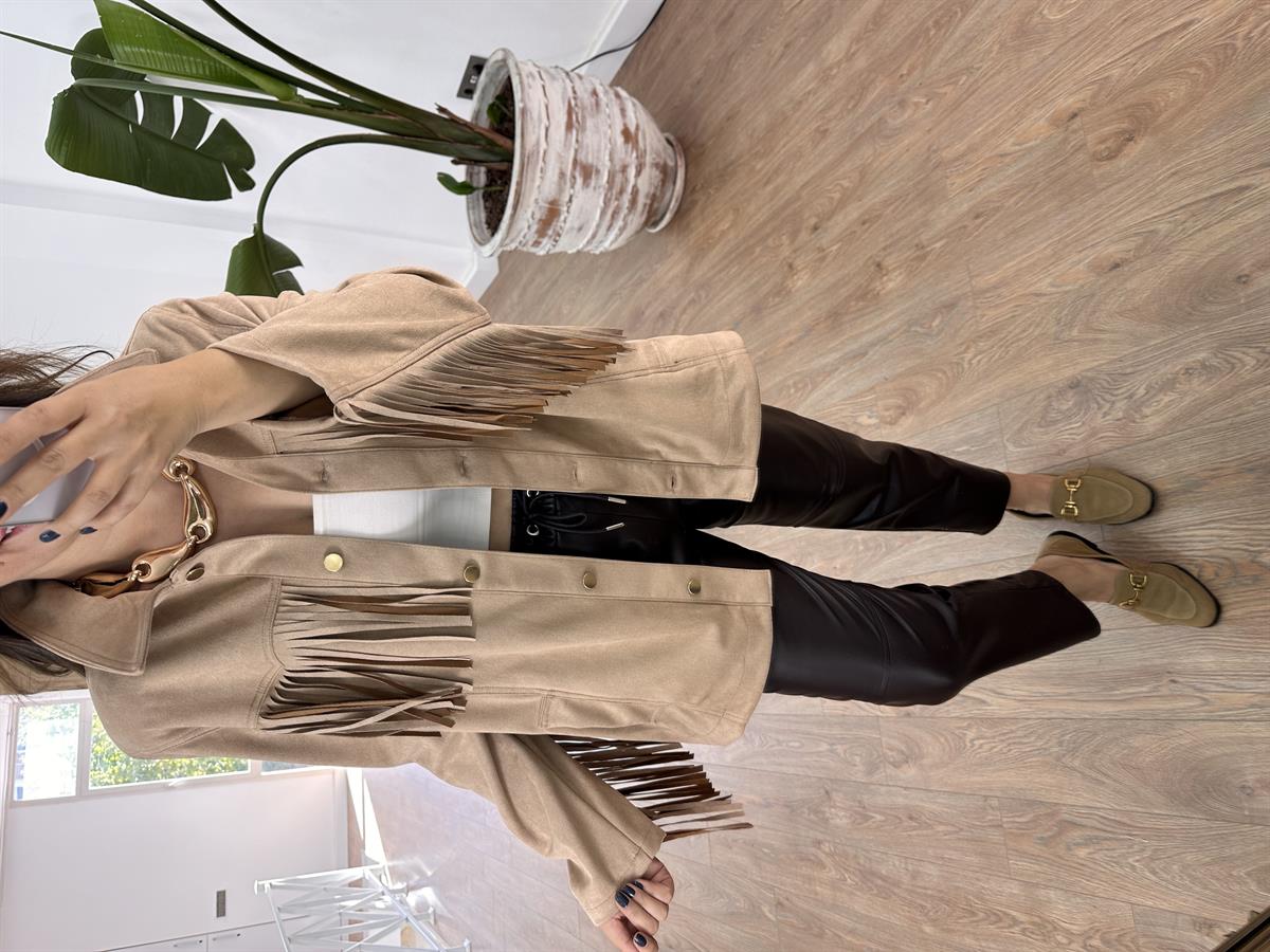 Püskül Detaylı Vatkalı Scuba Ceket - Bej