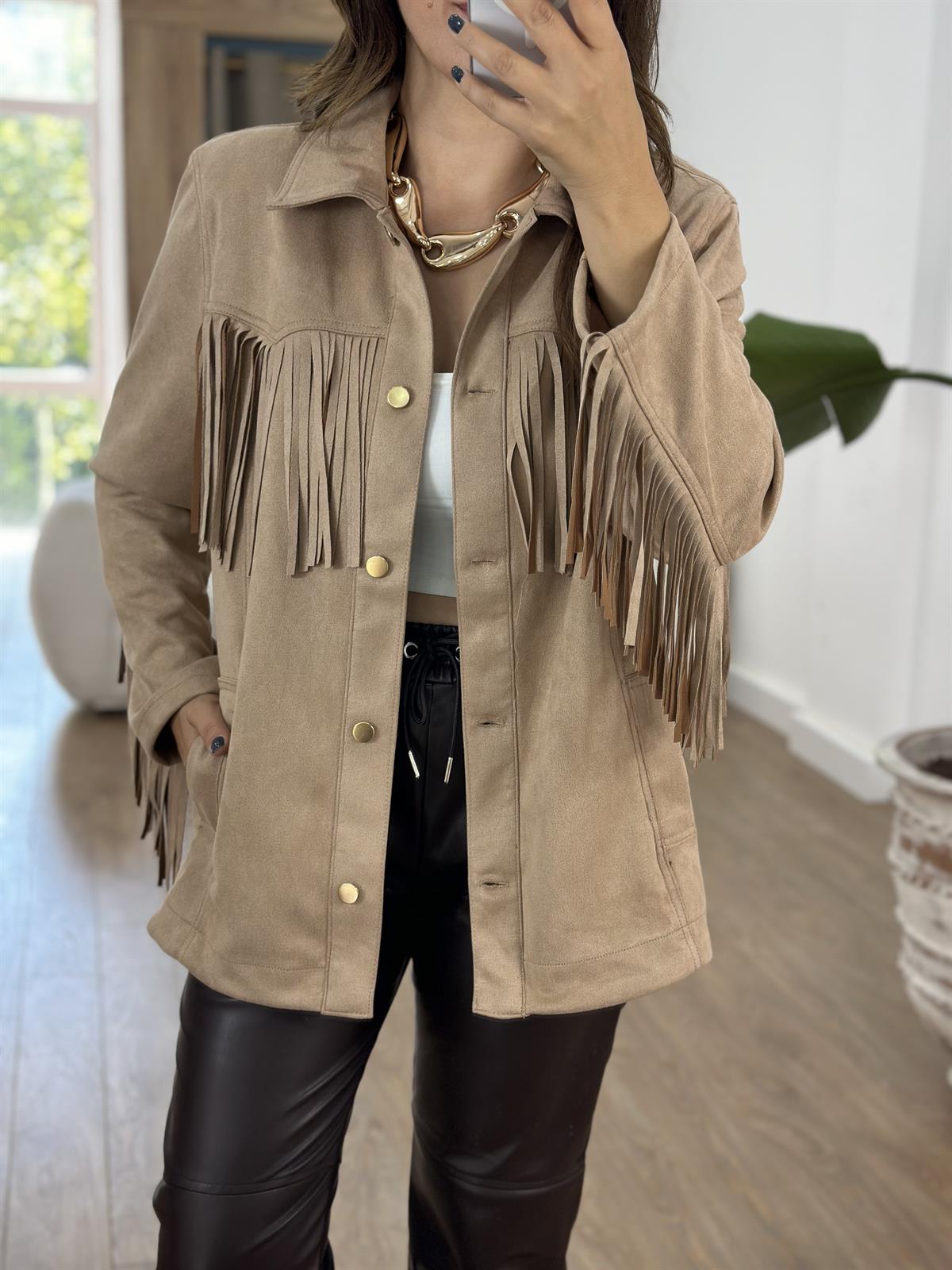 Püskül Detaylı Vatkalı Scuba Ceket - Bej