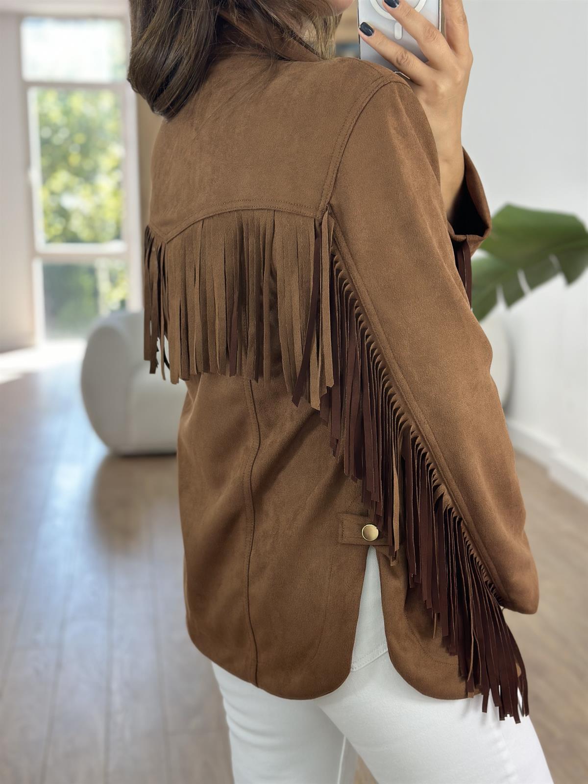 Püskül Detaylı Vatkalı Scuba Ceket - Kahverengi