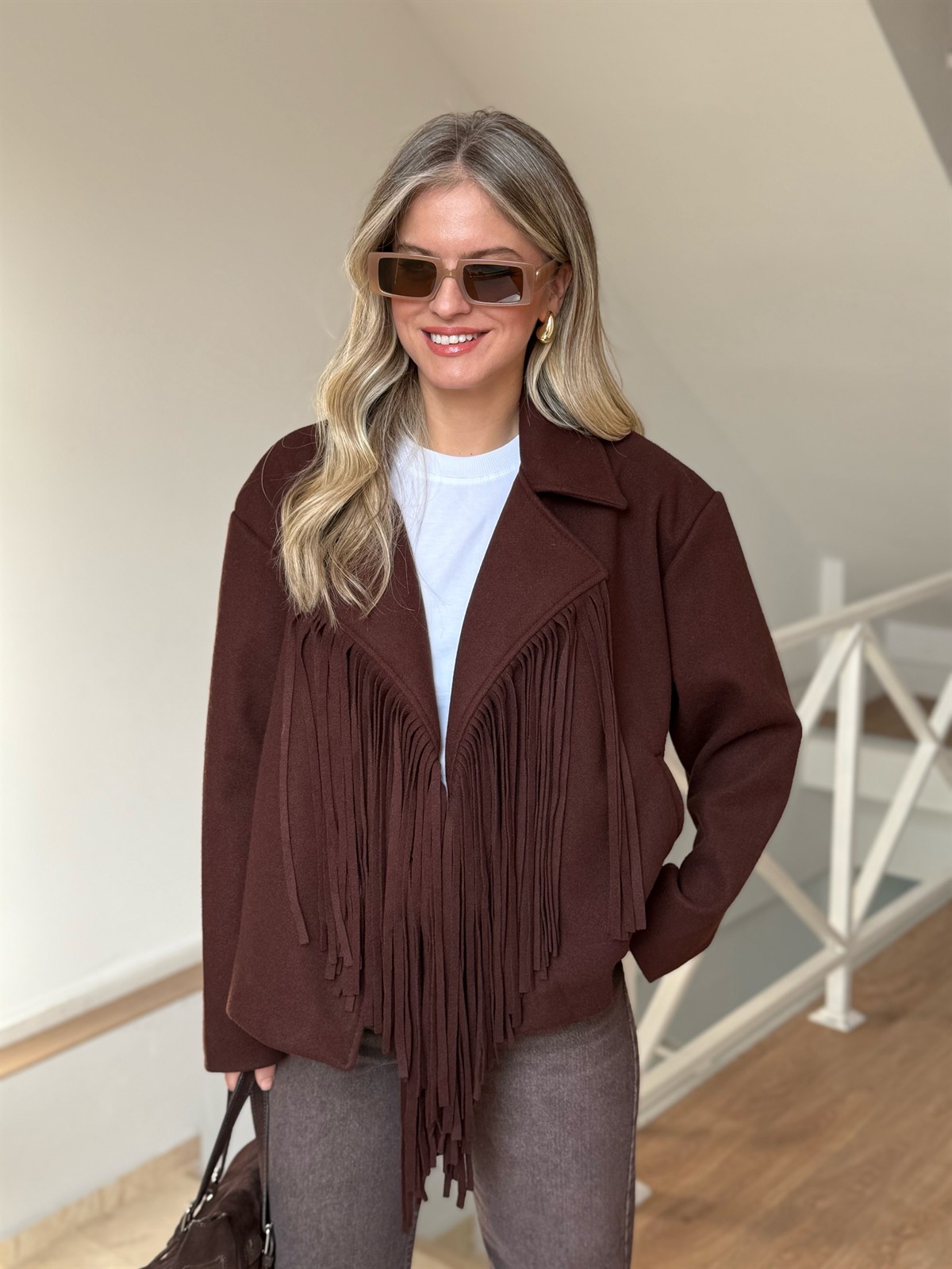 Püsküllü Kaşe Ceket - Kahverengi