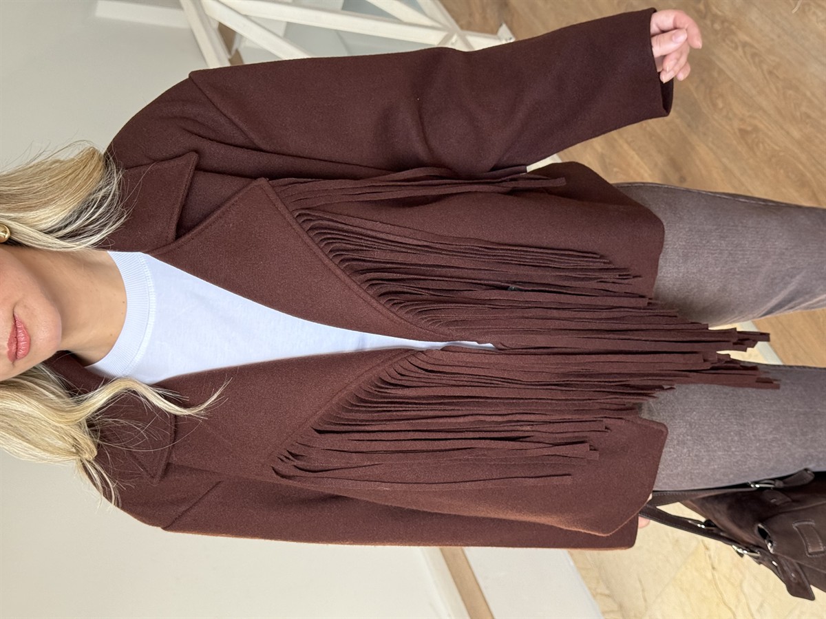 Püsküllü Kaşe Ceket - Kahverengi