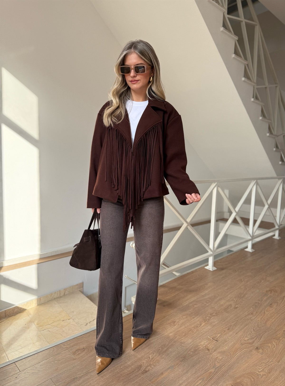 Püsküllü Kaşe Ceket - Kahverengi