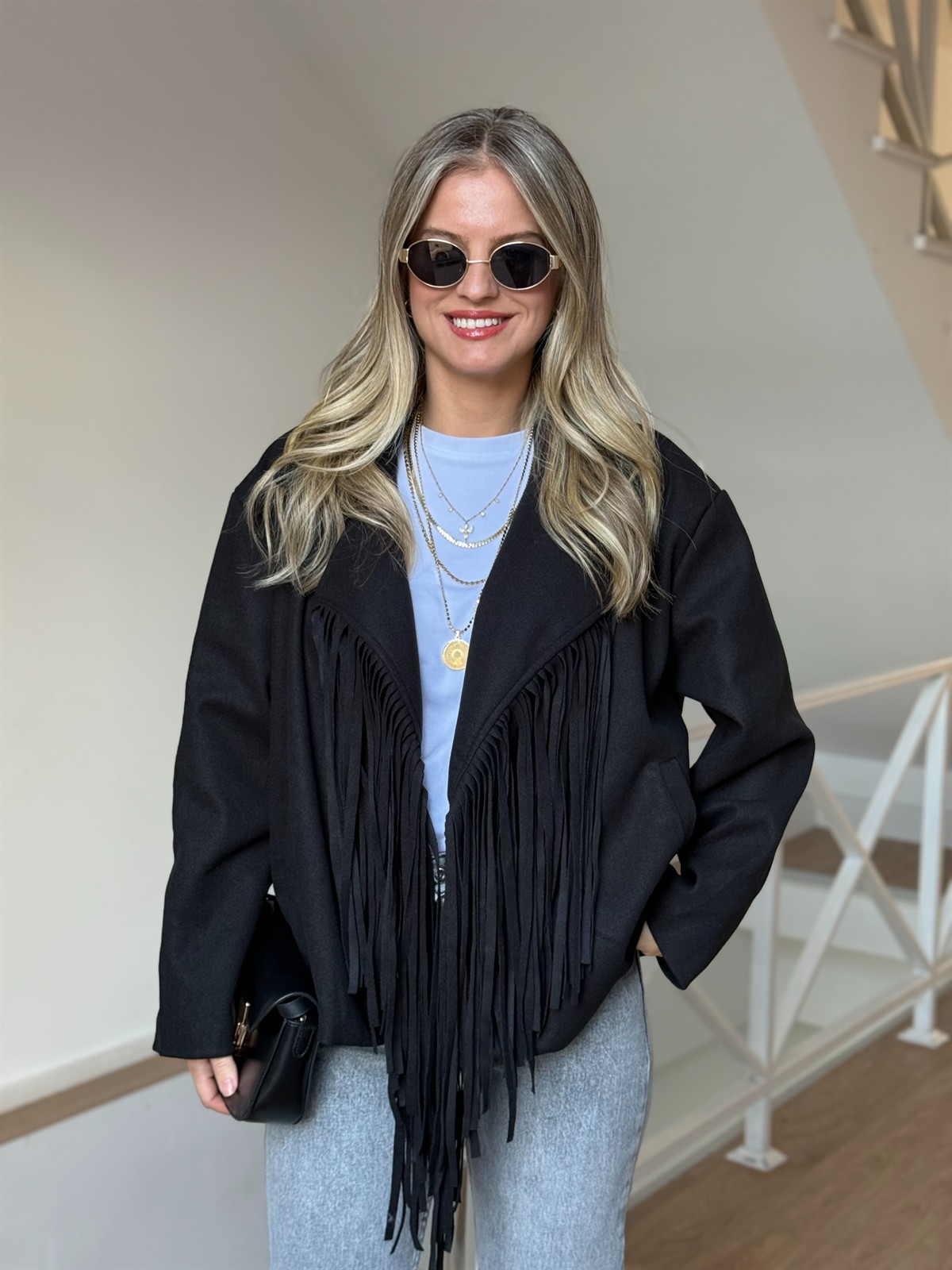 Püsküllü Kaşe Ceket - Siyah