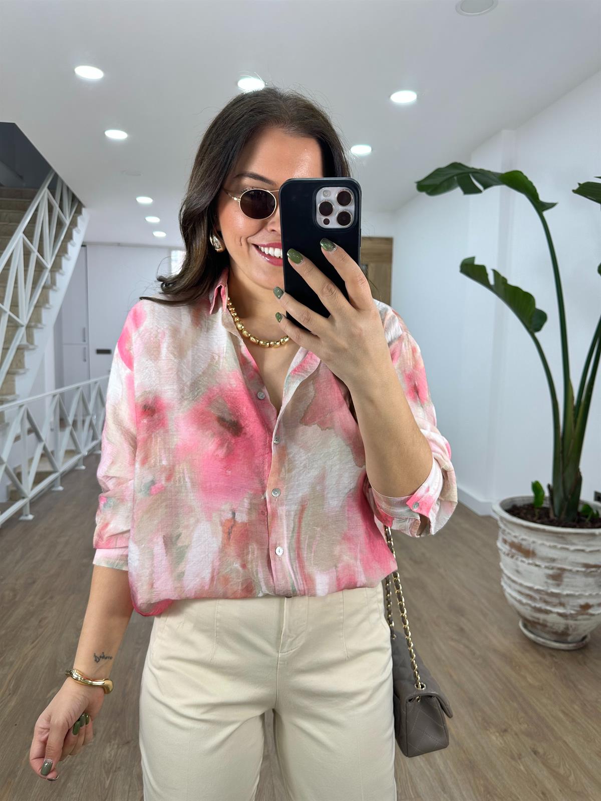 Renk Geçişli Tnsel Gömlek-Pembe