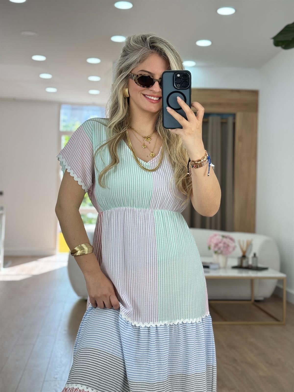 Renk Geçişli V Yaka Uzun Elbise