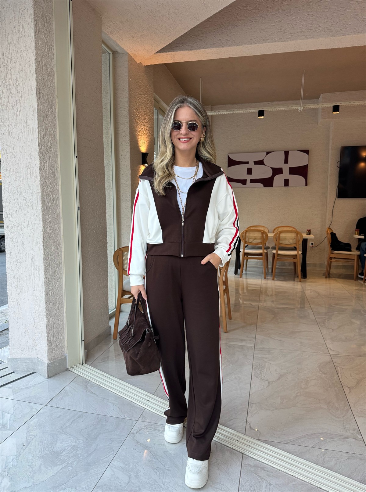 Renk Şeritli Fermuarlı Modal Takım - Kahverengi