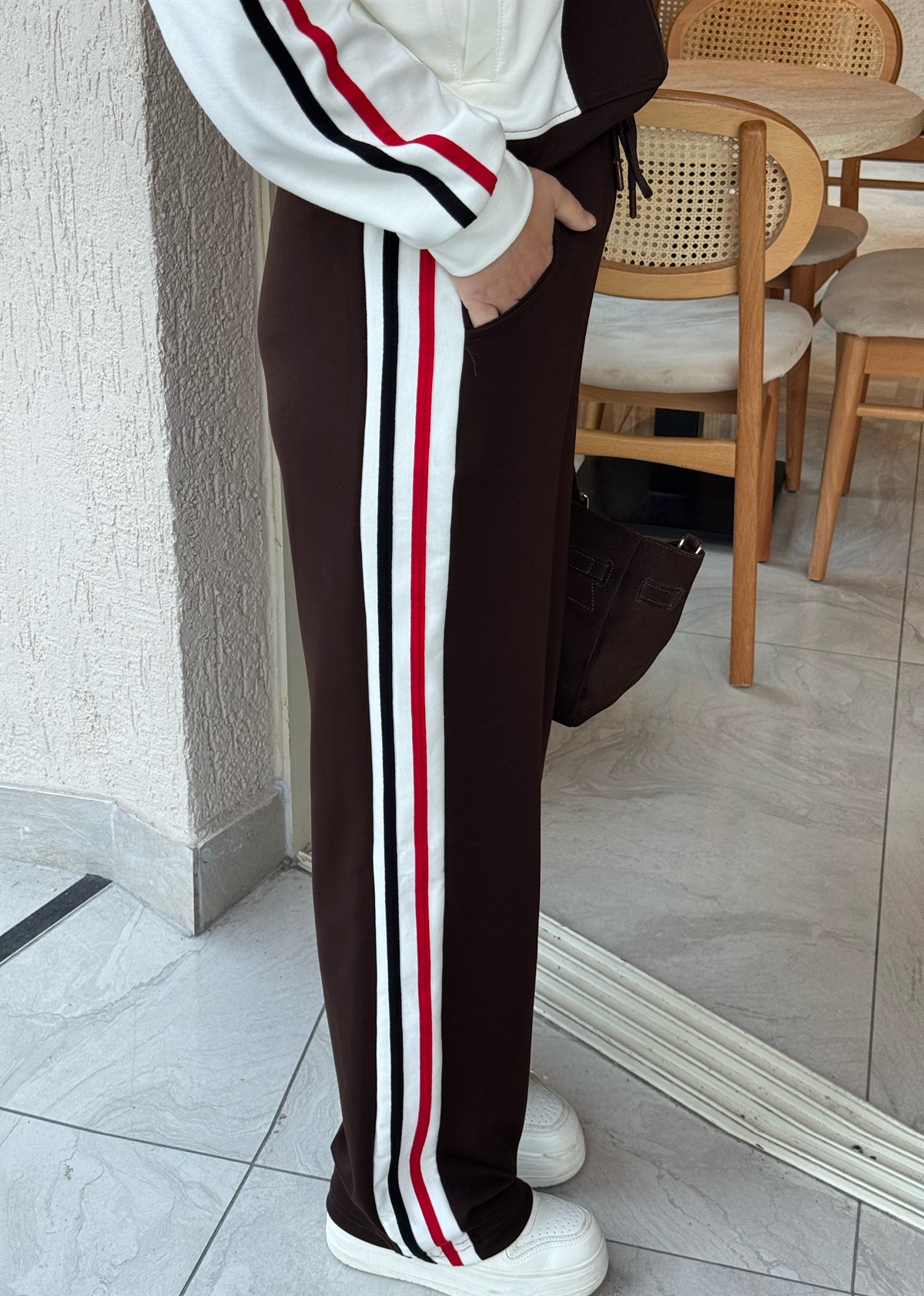 Renk Şeritli Fermuarlı Modal Takım - Kahverengi