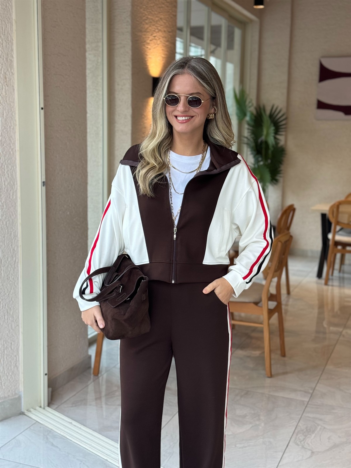 Renk Şeritli Fermuarlı Modal Takım - Kahverengi