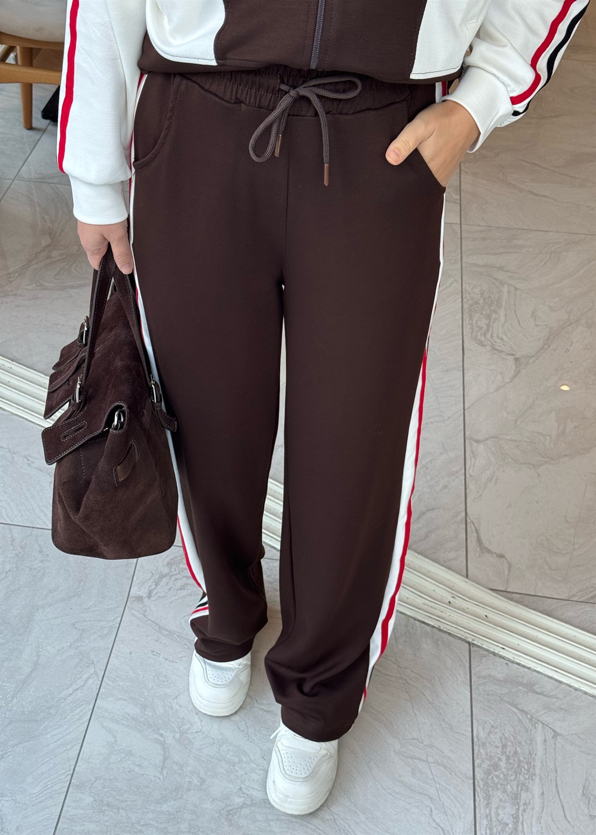 Renk Şeritli Fermuarlı Modal Takım - Kahverengi