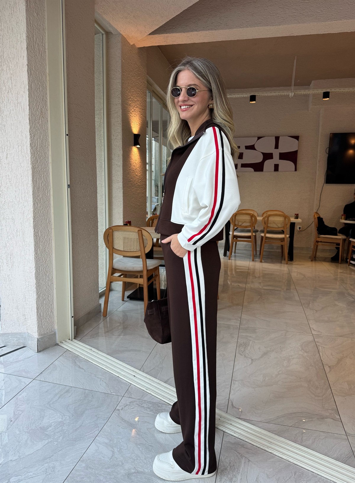 Renk Şeritli Fermuarlı Modal Takım - Kahverengi