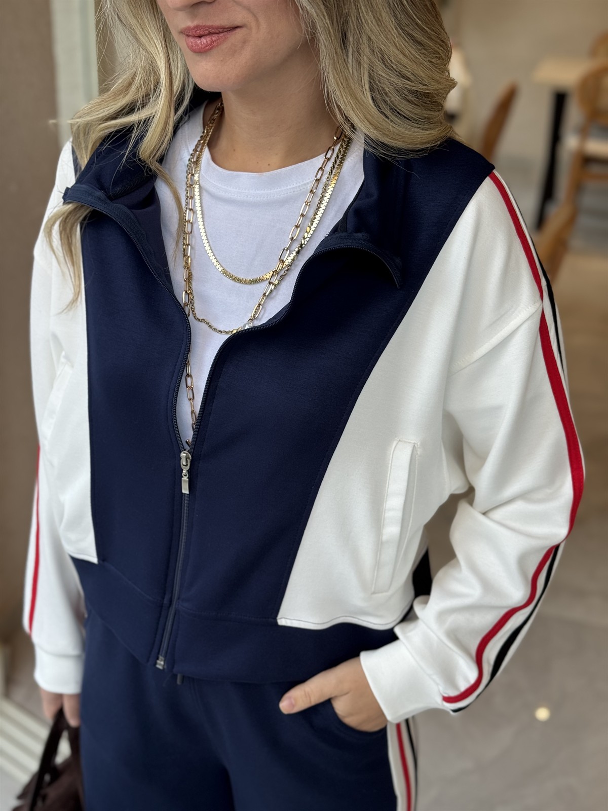 Renk Şeritli Fermuarlı Modal Takım - Lacivert