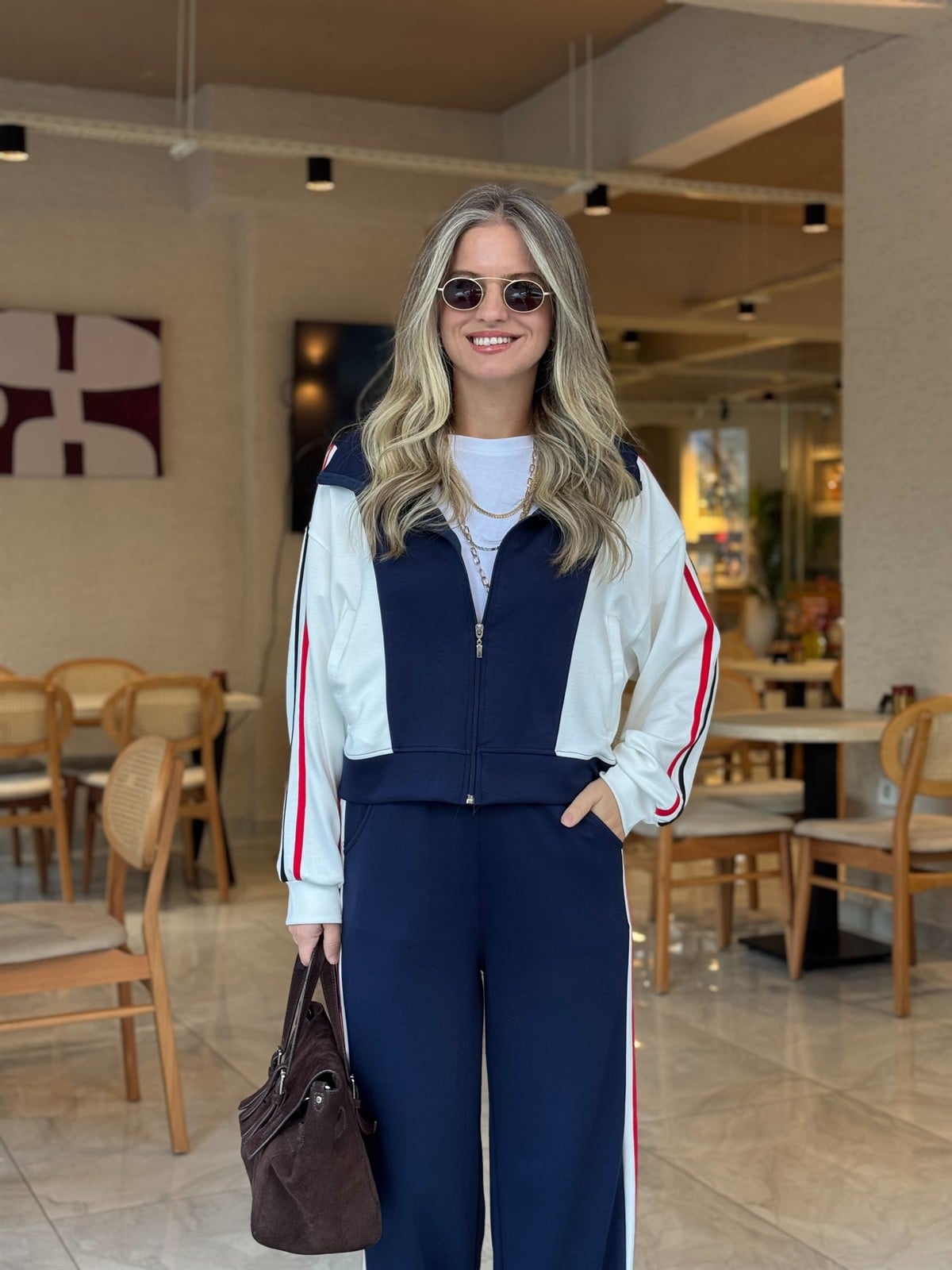 Renk Şeritli Fermuarlı Modal Takım - Lacivert