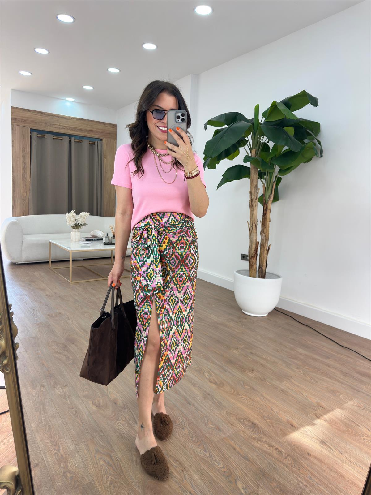 Renkli Desenli Keten Midi Etek 