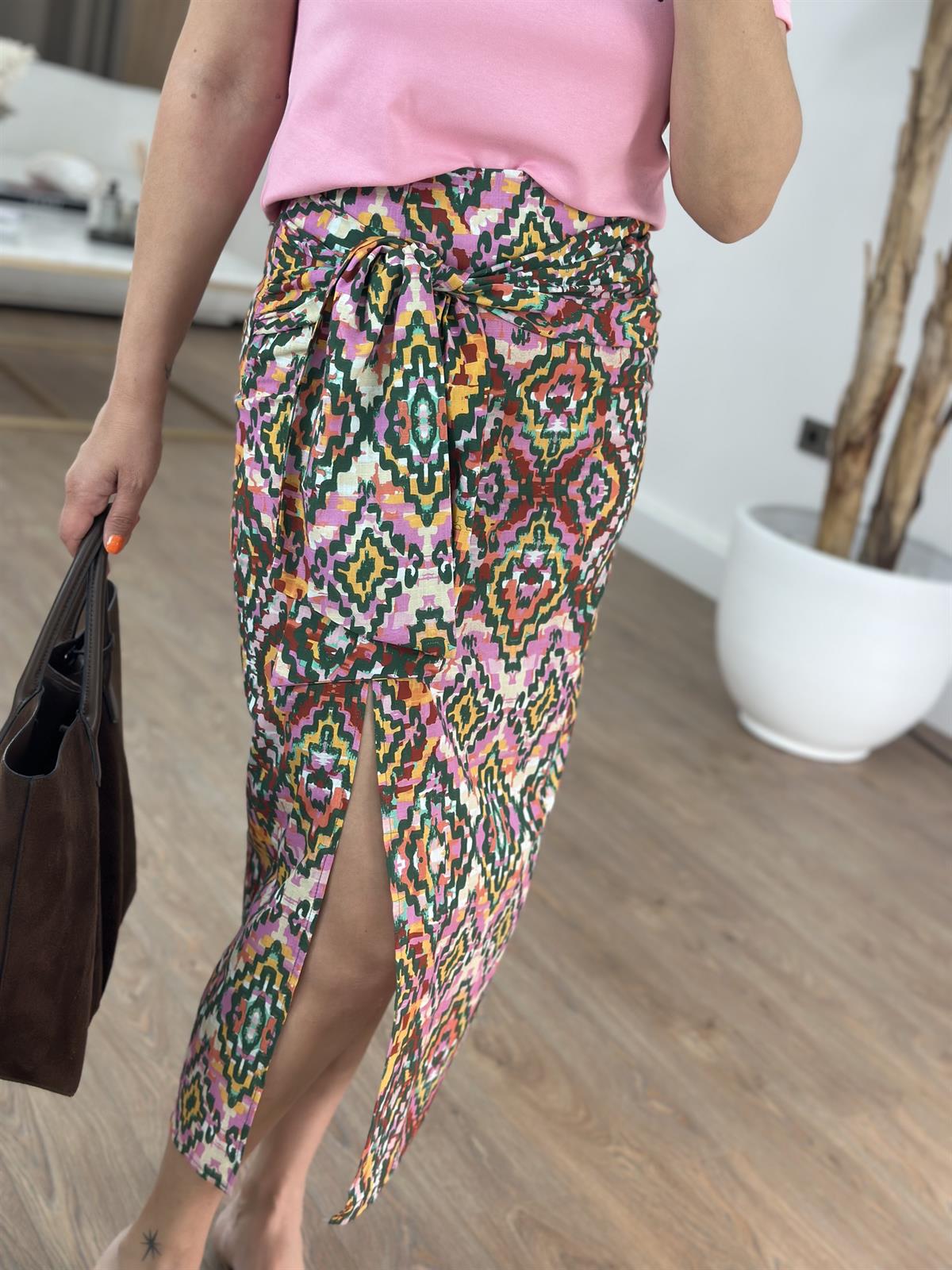 Renkli Desenli Keten Midi Etek 