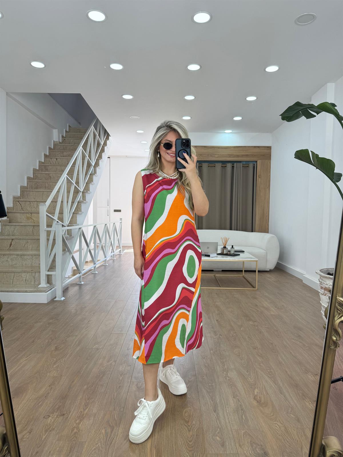 Renkli Desenli Uzun Elbise