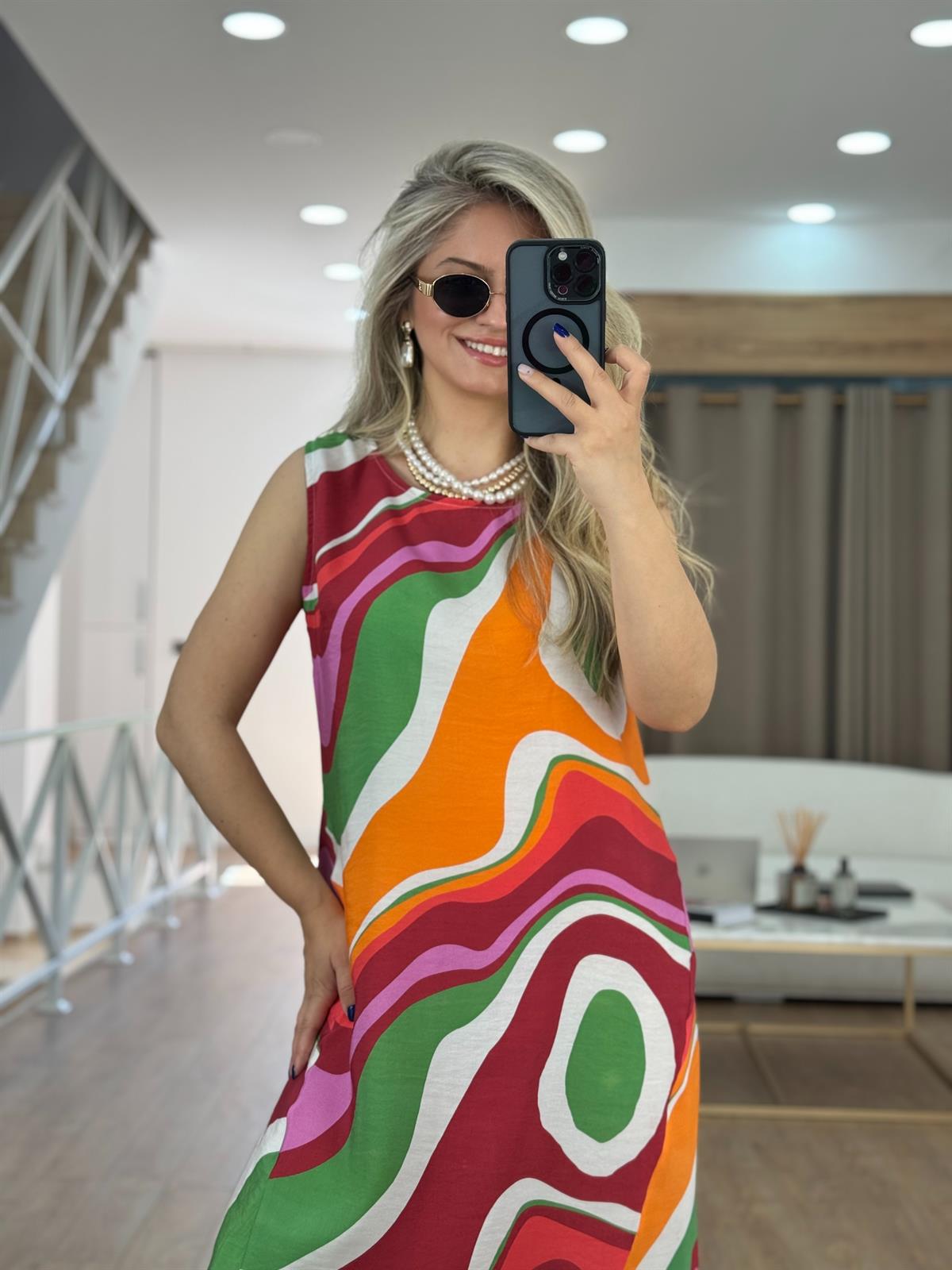 Renkli Desenli Uzun Elbise