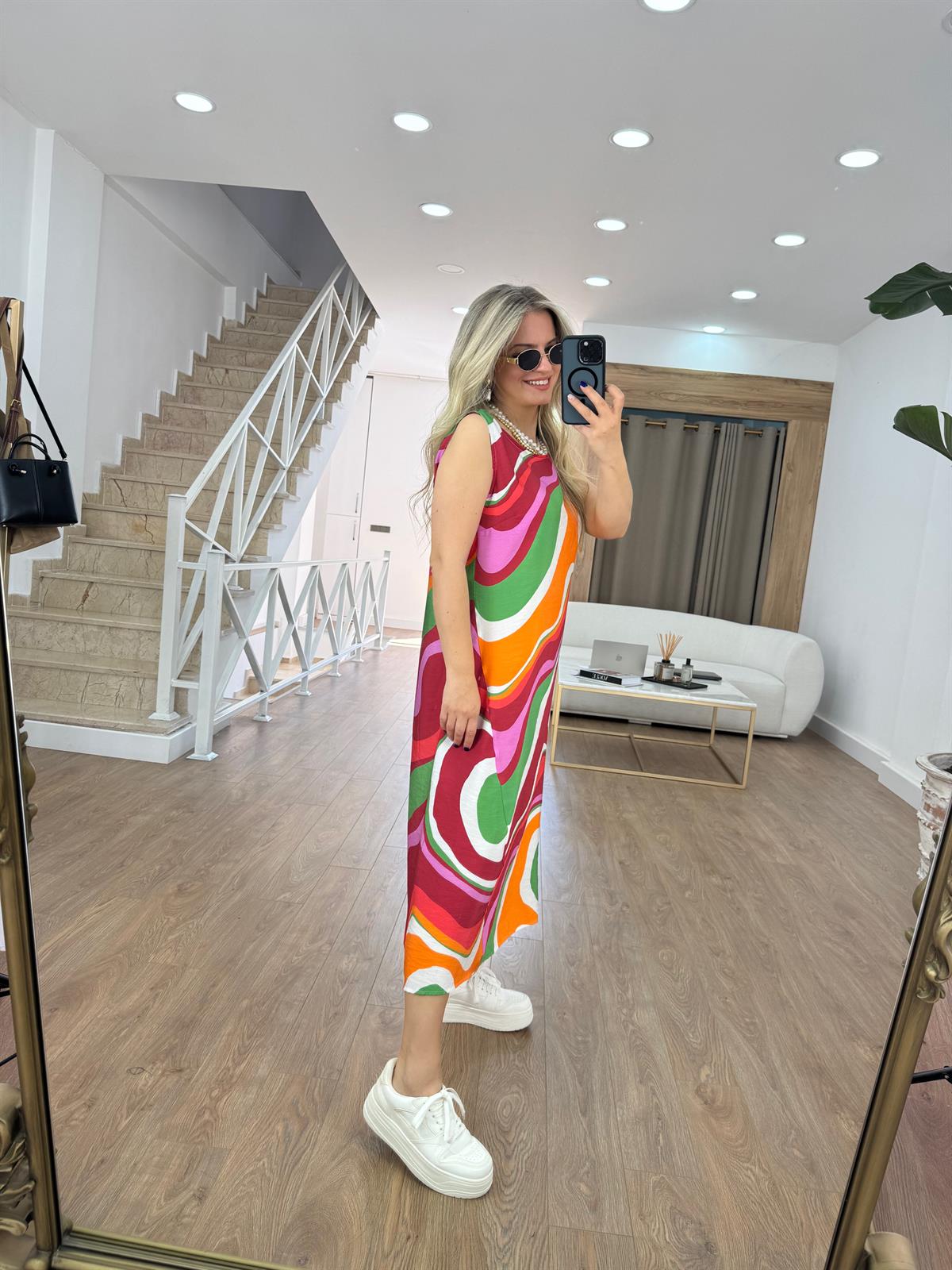 Renkli Desenli Uzun Elbise