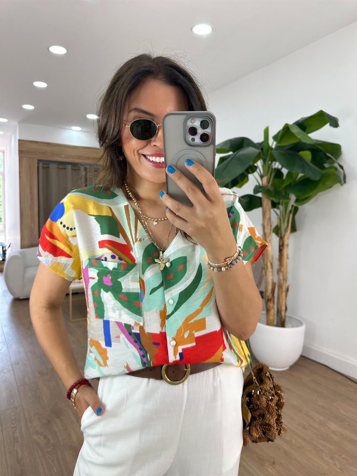 Renkli Desenli Viskon Tiril Gömlek