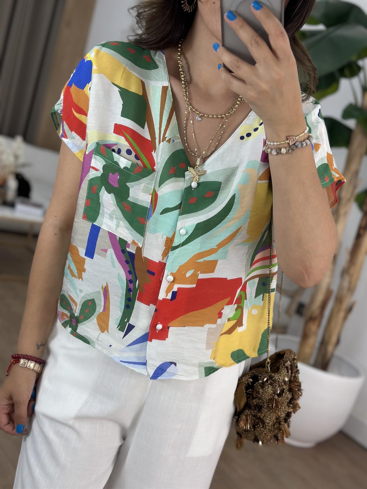 Renkli Desenli Viskon Tiril Gömlek