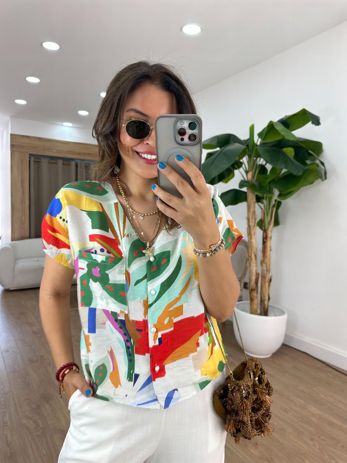 Renkli Desenli Viskon Tiril Gömlek