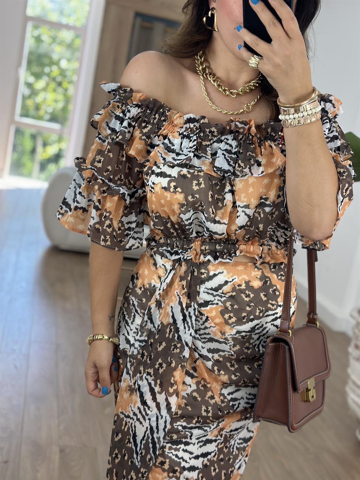 Renkli Şifon Etek-Bluz Takım