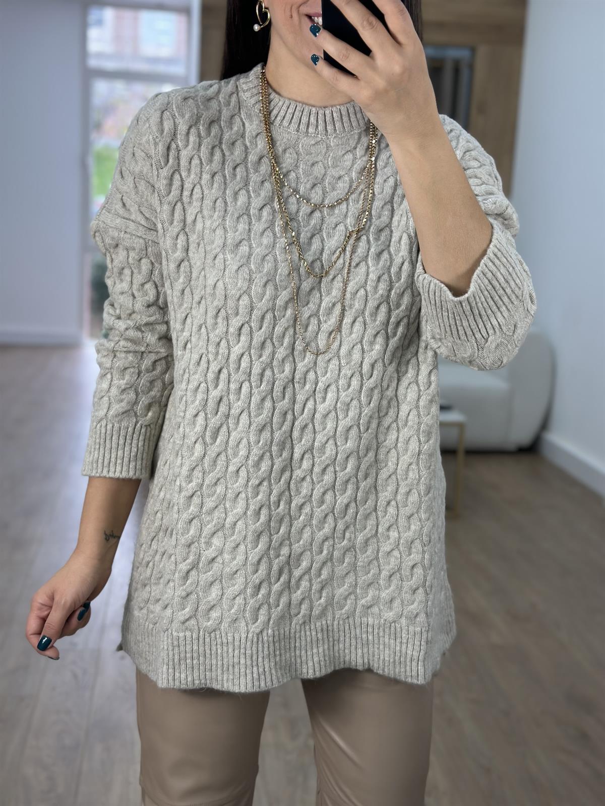 Saç Örgü Desenli Yandan Yırtmaçlı Salaş Kazak-Bej