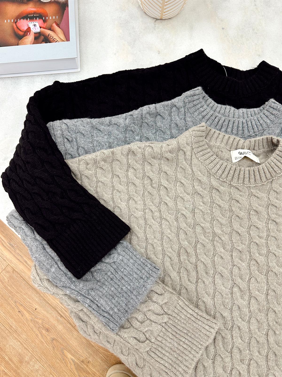 Saç Örgü Desenli Yandan Yırtmaçlı Salaş Kazak-Bej