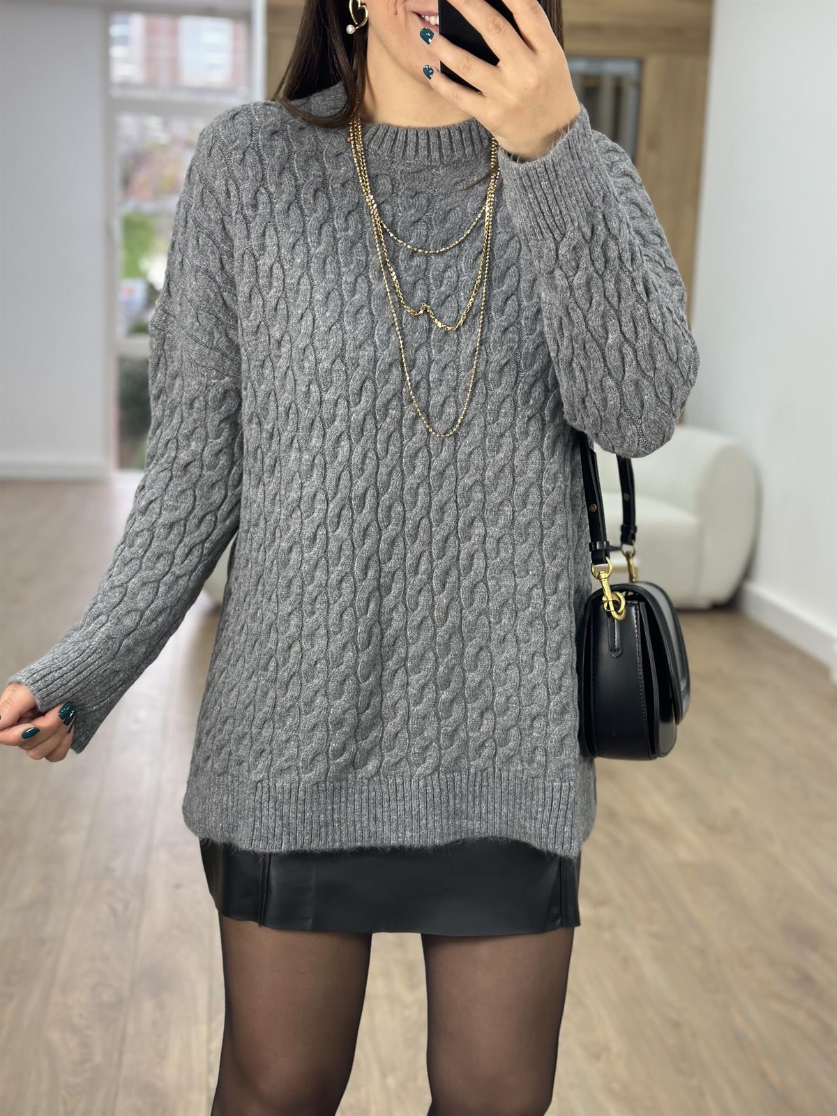 Saç Örgü Desenli Yandan Yırtmaçlı Salaş Kazak-Gri