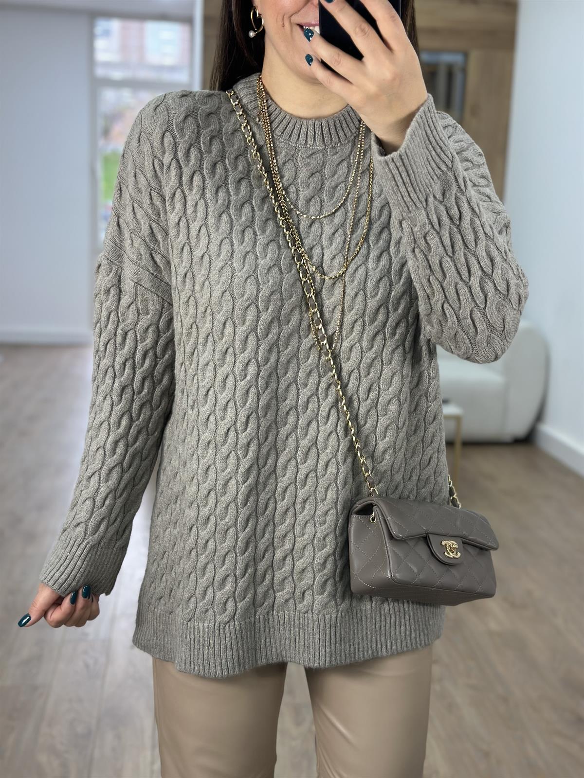 Saç Örgü Desenli Yandan Yırtmaçlı Salaş Kazak-Vizon