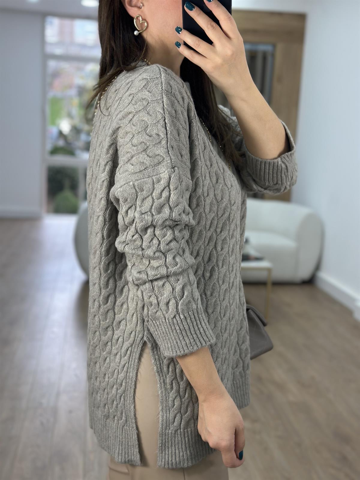 Saç Örgü Desenli Yandan Yırtmaçlı Salaş Kazak-Vizon