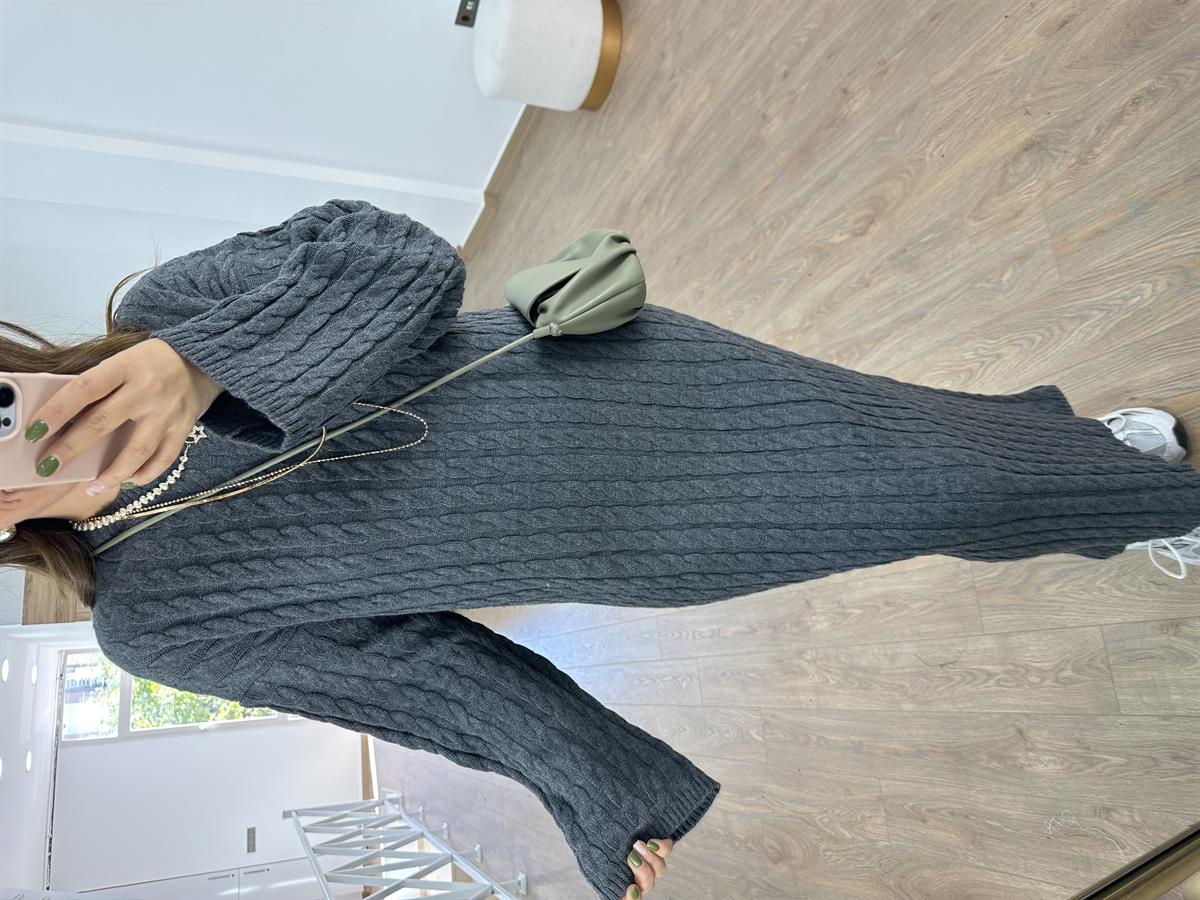 Saç Örgülü Premium Kalite Uzun Triko Elbise-Gri