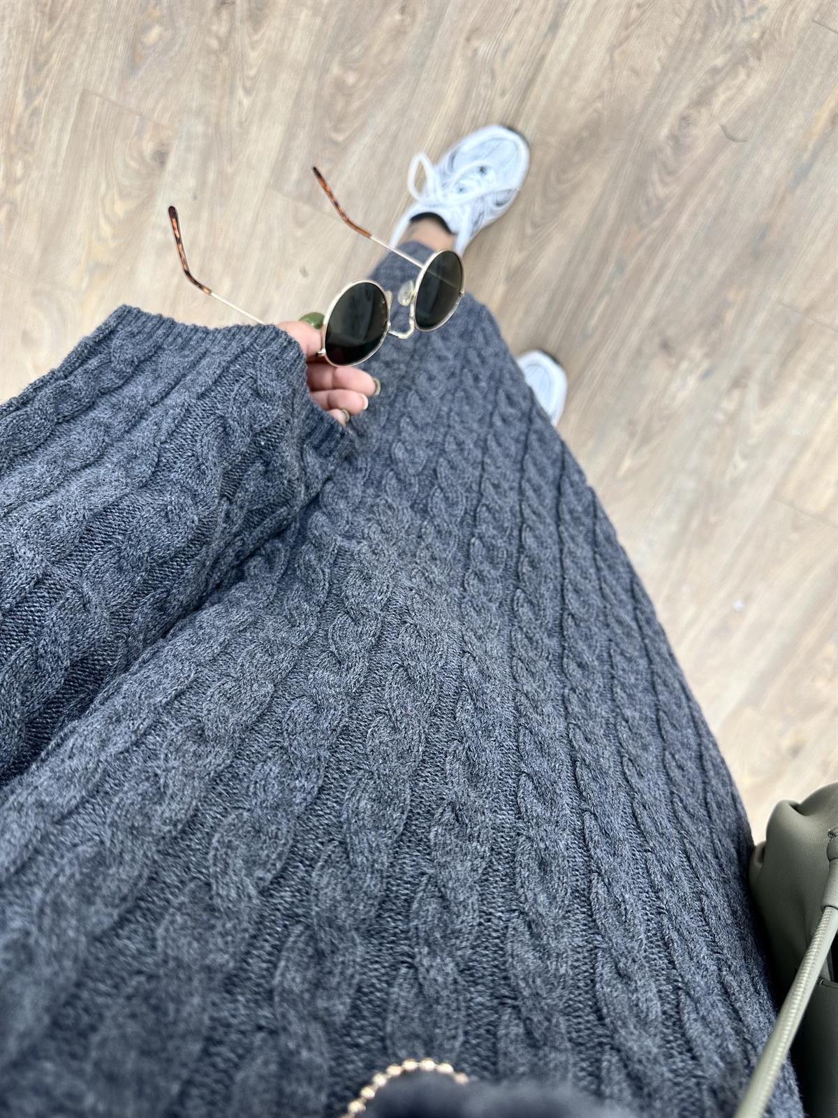 Saç Örgülü Premium Kalite Uzun Triko Elbise-Gri