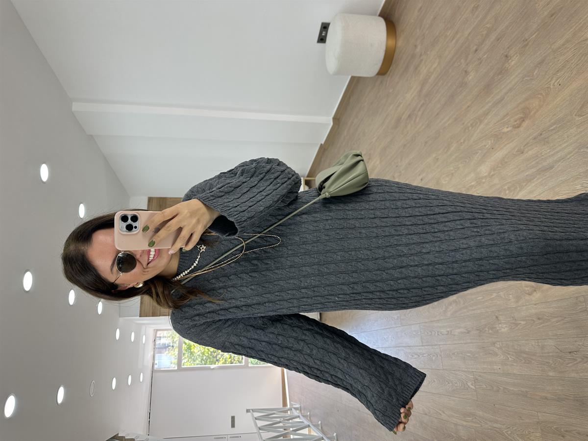 Saç Örgülü Premium Kalite Uzun Triko Elbise-Gri