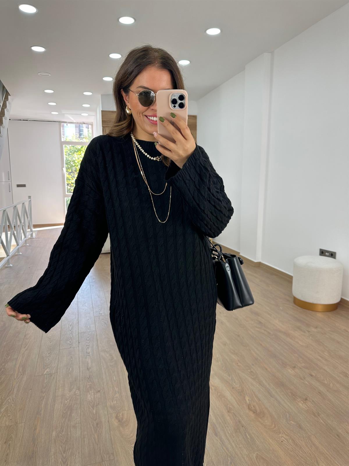 Saç Örgülü Premium Kalite Uzun Triko Elbise-Siyah