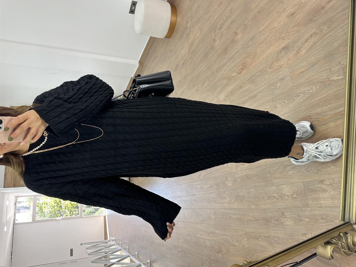 Saç Örgülü Premium Kalite Uzun Triko Elbise-Siyah